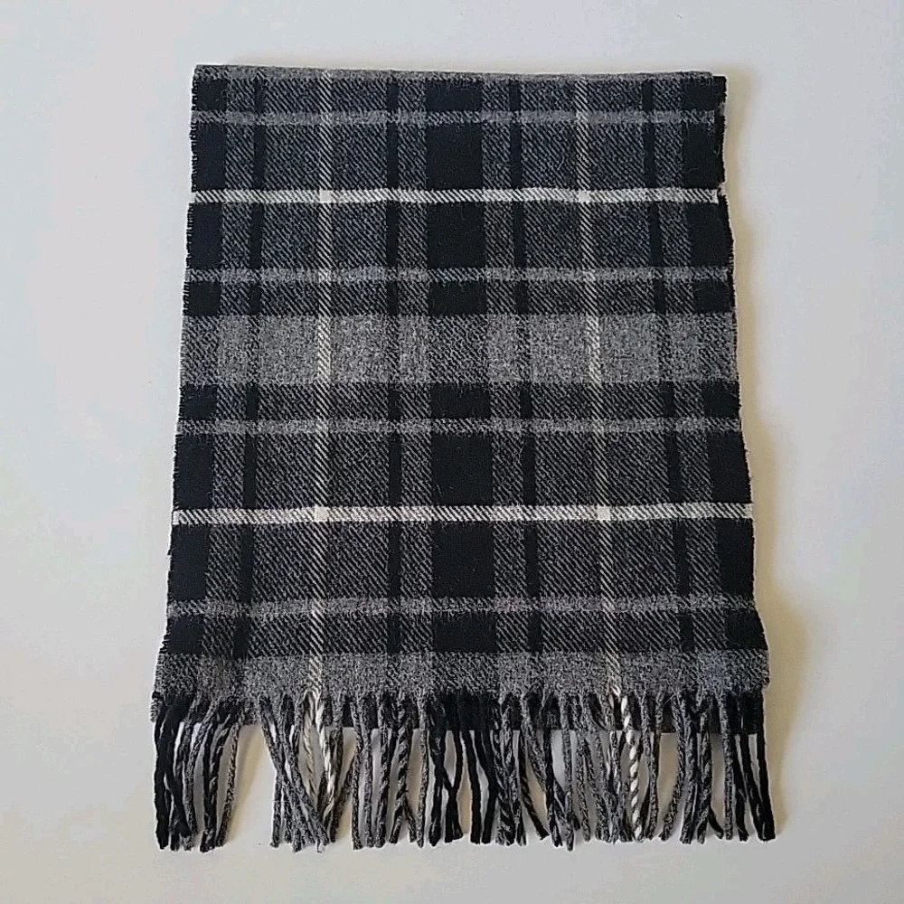 John Hanly Vintage 80s Lambswool Fringed Scarf Black Gray Plaid Flannel Academia